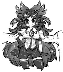 Rule 34 | 1girl, black hair, bow, elbow gloves, gloves, greyscale, hair bow, hand on own hip, image sample, long hair, md5 mismatch, monochrome, reiuji utsuho, resized, skirt, smile, solo, touhou, wings, yt (wai-tei)