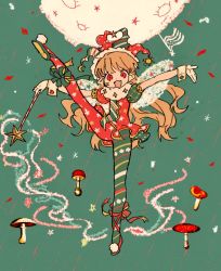 Rule 34 | 1girl, alternate color, blonde hair, christmas, clownpiece, full body, hat, highres, jester cap, leg ribbon, leg up, long hair, mushroom, oimo (14sainobba), outstretched arms, pantyhose, plantar flexion, pointy ears, red eyes, ribbon, shirt, short sleeves, solo, standing, standing on one leg, touhou, very long hair, wand