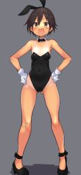 Rule 34 | 1girl, animal ears, black footwear, black hair, black leotard, bow, bowtie, breasts, brown eyes, buta-don, detached collar, fake animal ears, full body, gluteal fold, grey background, hands on own hips, highleg, highleg leotard, highres, leotard, looking at viewer, one-piece tan, open mouth, original, playboy bunny, rabbit ears, shadow, short hair, small breasts, smile, solo, tan, tanline
