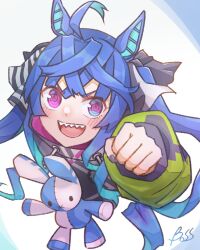 Rule 34 | &lt;boss&gt;, 1girl, @ @, ahoge, animal ears, aqua hair, arm up, artist name, blue eyes, blue hair, blush, bow, clenched hand, cropped torso, crossed bangs, drawstring, from above, hair bow, heterochromia, hood, hoodie, horse ears, horse girl, long hair, long sleeves, looking at viewer, multicolored clothes, multicolored hair, multicolored hoodie, open mouth, purple eyes, raised fist, sharp teeth, sidelocks, signature, simple background, solo, striped bow, stuffed animal, stuffed rabbit, stuffed toy, teeth, twin turbo (umamusume), twintails, two-tone hair, umamusume, upper body, upper teeth only, v-shaped eyebrows, white background