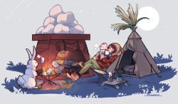 Rule 34 | 1girl, absurdres, black hair, rabbit, campfire, camping, chair, coffee maker, cup, eating, folding chair, food, grass, green pants, highres, kidori, knit hat, crossed legs, marshmallow, mug, original, outdoors, pants, reclining, robe, scarf, shoes, signature, table, tent, vacuum coffee maker