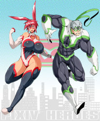 Rule 34 | 10s, 1boy, 1girl, abs, animal ears, breasts, rabbit ears, covered erect nipples, headband, highres, hip focus, huge breasts, leotard, mask, muscular, red eyes, red hair, sasaki tatsuya, short hair, skin tight, spandex, superhero costume, thick thighs, thighhighs, thighs, tiger &amp; bunny, white hair