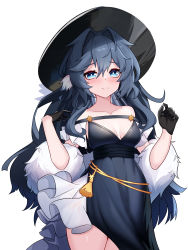 Rule 34 | 1girl, absurdres, alternate costume, arknights, astesia (arknights), bare shoulders, black dress, black gloves, black hat, blue eyes, blue hair, blush, breasts, bright pupils, cleavage, closed mouth, collarbone, cowboy shot, ddddecade, dress, frilled dress, frills, fur shawl, gloves, hair intakes, hat, highres, long hair, looking at viewer, medium breasts, off-shoulder dress, off shoulder, sash, shawl, simple background, smile, solo, tassel, very long hair, white background