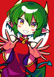 Rule 34 | 1girl, absurdres, blush, blush stickers, brown eyes, china dress, chinese clothes, detached sleeves, draco centauros, dragon girl, dragon horns, dragon tail, dress, green hair, grin, highres, horns, long sleeves, looking at viewer, offbeat, parted lips, pointy ears, puyopuyo, red dress, short hair, smile, solo, tail, teeth, upper body