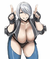Rule 34 | 1girl, angel (kof), blue eyes, bra, breasts, cleavage, fingerless gloves, gloves, grey hair, grin, hair over one eye, highres, index fingers raised, large breasts, leaning forward, legs, looking at viewer, midriff, navel, short hair, smile, snk, solo, strapless, strapless bra, the king of fighters, thighs, underwear