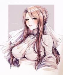Rule 34 | 1girl, blush, breasts, brown eyes, brown hair, covered erect nipples, dated, dress, girls&#039; frontline, green eyes, grey jacket, half-closed eyes, highres, jacket, large breasts, lee-enfield (girls&#039; frontline), lee-enfield (lifelong protector) (girls&#039; frontline), long hair, looking at viewer, nvalkyrja, off shoulder, official alternate costume, parted lips, solo, upper body, wedding dress