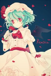 Rule 34 | 1girl, ascot, bat wings, black background, blue hair, bow, brooch, character name, flower, hat, hat bow, jewelry, karunabaru, petals, red hair, remilia scarlet, rose, solo, touhou, wings