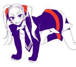 Rule 34 | 1girl, all fours, artist request, atlus, ayase yuka, blonde hair, cardigan, earrings, female focus, forehead, grin, gyaru, jewelry, kneeling, kogal, long hair, looking at viewer, miniskirt, monochrome, necktie, persona, persona 1, popped collar, school uniform, scrunchie, simple background, skirt, smile, socks, solo, sweater, tsurime, twintails, usmtw, white background