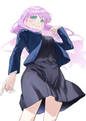 Rule 34 | 1girl, absurdres, black dress, blue jacket, blush, breasts, closed mouth, commentary request, dress, green eyes, hair flowing over, highres, jacket, long hair, long sleeves, looking at viewer, love live!, love live! superstar!!, medium breasts, open clothes, open jacket, pinafore dress, purple hair, repurika, school uniform, sleeveless, sleeveless dress, smile, solo, upper body, wavy hair, white background, wien margarete, winter uniform, yuigaoka school uniform