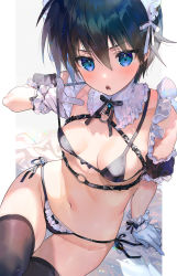 Rule 34 | 1girl, :o, arm up, bare shoulders, bikini, black bikini, black hair, black thighhighs, blue eyes, blush, breasts, breasts apart, buckle, chest harness, collarbone, commentary request, detached collar, detached sleeves, gem, genderswap, genderswap (mtf), gloves, hair between eyes, harness, highres, houshin engi, looking at viewer, maid, maid bikini, maid headdress, medium breasts, micro bikini, mimoza (96mimo414), navel, o-ring, open mouth, short hair, short sleeves, sitting, solo, stomach, strap lift, sweat, swimsuit, taikoubou, thigh gap, thighhighs, unconventional maid, v-shaped eyebrows, white gloves
