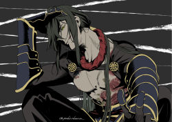 Rule 34 | 1boy, :q, abs, armor, black pants, chest tattoo, chinese clothes, commentary request, dark green hair, fate/grand order, fate (series), flower tattoo, gauntlets, green eyes, hair over one eye, long hair, long sleeves, looking at viewer, male focus, metal gloves, nagatekkou, nipples, pants, ponytail, sidelocks, smile, solo, tattoo, toned, toned male, tongue, tongue out, topless male, twitter username, upper body, v, very long hair, yan qing (fate), yukikana