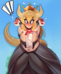 Rule 34 | !, !!, 1girl, armlet, black dress, black pantyhose, blonde hair, blue background, blue eyes, blush, bowsette, bracelet, breasts, cleavage, collar, collarbone, dildo, dress, earrings, embarrassed, fang, fang out, frown, gradient background, hair between eyes, highres, horns, jewelry, kanel, large breasts, long hair, mario (series), mushroom, nervous, new super mario bros. u deluxe, nintendo, open mouth, pantyhose, pointy ears, ponytail, sex toy, sexually suggestive, solo, spiked armlet, spiked collar, spiked shell, spikes, strapless, strapless dress, super crown, sweat, sweatdrop, tagme, tail, wavy mouth