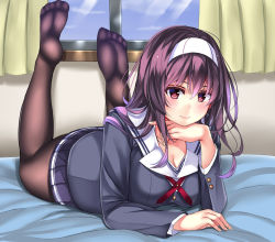 Rule 34 | 1girl, bad id, bad pixiv id, bed, black pantyhose, blush, breasts, cleavage, curtains, feet, hairband, head rest, highres, kasumigaoka utaha, large breasts, legs up, light smile, long hair, looking at viewer, lying, nano (syoutamho), no shoes, on stomach, pantyhose, pleated skirt, purple hair, red eyes, saenai heroine no sodatekata, school uniform, skirt, solo, toes, window