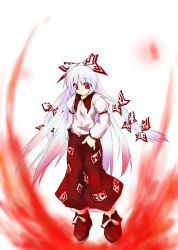 Rule 34 | 1girl, bow, female focus, fire, fujiwara no mokou, full body, hair bow, long hair, long sleeves, looking at viewer, mizuno minato, multiple hair bows, ofuda, pants, red eyes, red footwear, shoes, simple background, solo, standing, touhou, very long hair, white background, white hair