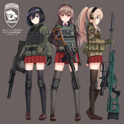Rule 34 | 3girls, ahoge, ak-9, asymmetrical legwear, bandaged leg, bandages, black hair, black legwear, blonde hair, blue eyes, bolt action, brown background, brown footwear, brown hair, brown jacket, brown legwear, camouflage, camouflage jacket, closed mouth, collared shirt, commentary request, cyrillic, dress shirt, ear protection, full body, green eyes, green jacket, grey legwear, gun, hair between eyes, high ponytail, highres, holding, holding gun, holding weapon, integral suppressor, integrally-suppressed firearm, jacket, loafers, long hair, multiple girls, neck ribbon, original, pleated skirt, ponytail, profile, red eyes, red ribbon, red skirt, ribbon, rifle, school uniform, shirt, shoes, simple background, single thighhigh, skirt, smile, sniper rifle, standing, suppressor, sv-98, thighhighs, toz (tulsky oruzheiny zavod), translation request, tsniitochmash, tula arms plant, uneven legwear, very long hair, vss vintorez, weapon, white shirt, yakob labo