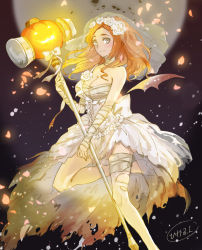 Rule 34 | 1girl, alternate breast size, bandaged leg, bandaged neck, bandages, bleach, breasts, bridal veil, brown hair, cleavage, closed mouth, dress, floating hair, flower, hair flower, hair ornament, hara hikaru, head wreath, holding, inoue orihime, leg up, long hair, looking at viewer, medium breasts, parted bangs, smile, thighhighs, torn clothes, torn dress, torn legwear, veil, white dress, white flower, white thighhighs