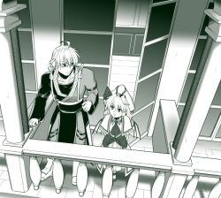 Rule 34 | 1boy, 1girl, ahoge, amida murasaki, armband, arms behind back, ascot, balcony, bat wings, boots, capelet, from above, glasses, green theme, greyscale, hat, hat ribbon, japanese clothes, light frown, long sleeves, looking at another, monochrome, morichika rinnosuke, open door, parted lips, pillar, railing, remilia scarlet, ribbon, short hair, skirt, skirt set, touhou, wings