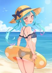 Rule 34 | 1girl, :d, absurdres, ass, back, bare shoulders, beach, bikini, blue bikini, blue bow, blue hair, blue nails, blue sky, blush, bow, breasts, brown hat, commentary request, cowboy shot, from behind, gradient hair, hair bun, hat, hat bow, highres, holding, holding swim ring, hololive, innertube, long hair, looking back, multicolored hair, nail polish, ocean, open mouth, outdoors, pink hair, quarterlift, red eyes, short eyebrows, side bun, single hair bun, single side bun, sky, small breasts, smile, solo, standing, streaked hair, sun hat, swim ring, swimsuit, uruha rushia, virtual youtuber