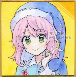 Rule 34 | 1girl, 2zuz4hru, blue hat, blue shirt, closed mouth, commentary request, eyelashes, green eyes, happy, hat, long sleeves, looking at viewer, medium hair, okunoda miyoi, painting (medium), pink hair, pointing, shirt, simple background, smile, solo, touhou, traditional media, watercolor (medium), whale hat, yellow background