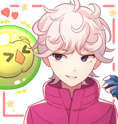 Rule 34 | 1boy, ahoge, bad id, bad pixiv id, bede (pokemon), blonde hair, coat, commentary, creatures (company), curly hair, eyelashes, game freak, gen 5 pokemon, gloves, hand up, heart, highres, holding, holding poke ball, looking to the side, nintendo, parted lips, poke ball, pokemon, pokemon (creature), pokemon swsh, popped collar, purple coat, purple eyes, smile, solosis, tanbonota46, teeth, upper body