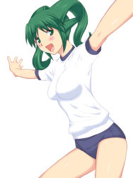 Rule 34 | 00s, 1girl, blue eyes, breasts, buruma, covered erect nipples, green hair, gym uniform, medium breasts, outstretched arms, shichimenchou, simple background, solo, solty rei, solty revant, spread arms