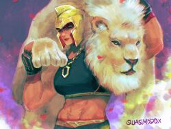 Rule 34 | 1girl, abs, animal, animal on shoulder, biceps, black sports bra, chain, chain necklace, claws, falling petals, fingerless gloves, gloves, gold chain, helmet, highres, jewelry, lion, looking at viewer, marisa (street fighter), muscular, muscular female, necklace, petals, quasimodox, red hair, smile, sports bra, street fighter, street fighter 6