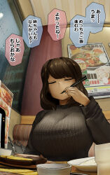 1girl absurdres black_sweater breasts bright_pupils brown_hair chopsticks closed_eyes commentary_request cup eating_hair highres holding holding_chopsticks indoors large_breasts long_sleeves mejikara_scene original restaurant short_hair sitting solo speech_bubble sweater translation_request white_pupils