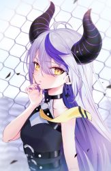 Rule 34 | 1girl, ahoge, akaike, bare arms, bare shoulders, black dress, chain-link fence, demon horns, dress, fence, fingernails, hair between eyes, hand up, highres, hololive, horns, la+ darknesss, long fingernails, long hair, looking at viewer, multicolored hair, nail polish, necktie, parted lips, purple hair, purple nails, silver hair, sleeveless, sleeveless dress, solo, streaked hair, striped horns, upper body, virtual youtuber, yellow eyes, yellow necktie