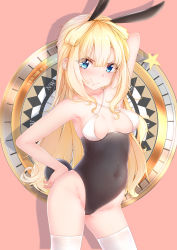 Rule 34 | 1girl, absurdres, alternate costume, animal ears, areola slip, arm up, arms behind back, bare shoulders, black leotard, blonde hair, blue eyes, blush, breasts, closed mouth, commentary request, compass, covered navel, cowboy shot, fake animal ears, fletcher (kancolle), gluteal fold, groin, hair between eyes, halterneck, hand on own hip, highleg, highres, kantai collection, kuriko, leotard, long hair, looking at viewer, medium breasts, playboy bunny, rabbit ears, rabbit tail, sidelocks, solo, standing, star (symbol), strapless, strapless leotard, swimsuit, tail, tearing up, thighhighs, thighs, wavy mouth, white thighhighs, wrist cuffs