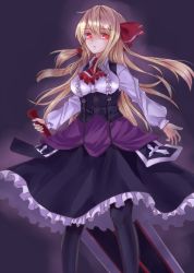 Rule 34 | 1girl, alternate hair length, alternate hairstyle, caruos, dress, embellished costume, frilled dress, frills, hair ribbon, highres, long hair, aged up, red eyes, ribbon, rumia, shirt, slit pupils, solo, sword, touhou, underbust, weapon