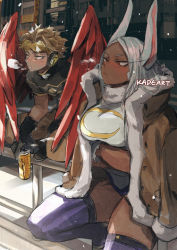 Rule 34 | 1boy, 1girl, animal ears, artist name, black shirt, blonde hair, blush, boku no hero academia, breasts, can, cold, commentary, crossed arms, dark-skinned female, dark skin, eyelashes, feathered wings, fur collar, hawks (boku no hero academia), heattech leotard, jacket, kadeart, long hair, mirko, purple thighhighs, rabbit ears, red eyes, shirt, short hair, sitting, symbol-only commentary, thighhighs, turtleneck, white hair, wings