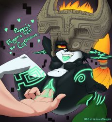 Rule 34 | 1boy, 1girl, absurdres, black background, black skin, blonde hair, blush, colored sclera, colored skin, delicious soup, fingering, gradient background, half-closed eyes, helmet, hetero, highres, long hair, looking up, midna, multicolored skin, nintendo, one eye covered, open mouth, pointy ears, pussy, pussy juice, red eyes, teeth, text focus, the legend of zelda, the legend of zelda: twilight princess, tongue, tongue out, two-tone skin, uncensored, upper teeth only, white skin, yellow sclera