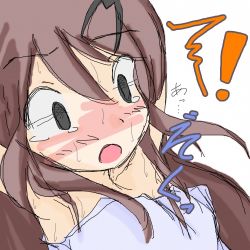 Rule 34 | !, 1girl, armpits, arms up, black eyes, blue tube top, blush, brown hair, embarrassed, empty eyes, face, female focus, hair ornament, hairclip, have to pee, japanese text, jirene, long hair, nose blush, open mouth, original, simple background, sketch, solo, strapless, sweat, tears, text focus, translated, tube top, white background