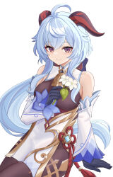 Rule 34 | 1girl, absurdres, ahoge, arm support, bare shoulders, bell, blue hair, breasts, chinese knot, closed mouth, commentary, cowbell, detached sleeves, flower, ganyu (genshin impact), genshin impact, gloves, highres, holding, holding flower, horns, invisible chair, long hair, looking at viewer, medium breasts, purple eyes, qingxin flower, shuvalun8, simple background, sitting, smile, solo, vision (genshin impact), white background