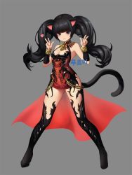 Rule 34 | 1girl, animal ears, armpits, arms up, bad id, bad pixiv id, black hair, black thighhighs, blade &amp; soul, blue eyes, breasts, cat ears, cat tail, chain, cleavage, double v, dress, epomeno, full body, grey background, highres, long hair, lyn (blade &amp; soul), red dress, short dress, simple background, sleeveless, sleeveless dress, small breasts, smile, solo, tail, thighhighs, thighs, twintails, v
