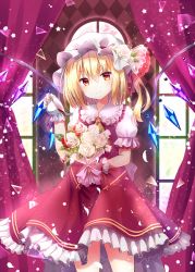 Rule 34 | 1girl, ambiguous red liquid, ascot, blonde hair, blush, bouquet, closed mouth, cowboy shot, crystal, cup, curtains, flandre scarlet, flower, frilled shirt collar, frills, hat, hat flower, hat ribbon, kure~pu, mob cap, petals, petticoat, puffy short sleeves, puffy sleeves, red eyes, red ribbon, red shirt, red skirt, ribbon, rose, shirt, short sleeves, side ponytail, skirt, skirt set, smile, solo, spilling, standing, star (symbol), teacup, touhou, white flower, white rose, window, wings, wrist cuffs