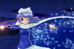 Rule 34 | 1girl, blouse, blue eyes, cape, fujimiya kikyou, hand up, hat, lens flare, letty whiterock, light smile, looking at viewer, mountain, one eye closed, outstretched arm, pin, purple hair, shirt, sky, snowflakes, solo, star (sky), starry sky, sunset, touhou, touryuu fuuki, wink