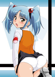 Rule 34 | 1girl, :o, ^^^, ass, blue hair, blush, clothes lift, embarrassed, flat chest, from behind, hair bobbles, hair ornament, highres, hoshino ruri, kidou senkan nadesico, leg up, looking back, open mouth, panties, pencil skirt, ryumage, shoes, short twintails, skirt, skirt lift, skirt tug, socks, solo, standing, surprised, sweatdrop, thigh gap, twintails, underwear, uniform, white panties, yellow eyes