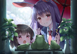 Rule 34 | 2girls, animal ears, black hair, collared shirt, crescent, crescent pin, floppy ears, flower, frog, holding, holding umbrella, hydrangea, inaba tewi, long hair, looking at viewer, multiple girls, necktie, open mouth, plant, potted plant, purple hair, rabbit ears, rain, red eyes, red neckwear, red umbrella, reisen udongein inaba, shirt, short hair, smile, touhou, umbrella, upper body, white shirt, yuuka nonoko