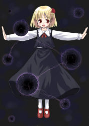 Rule 34 | 1girl, :d, blonde hair, blouse, darkness, hair ribbon, kagura mizuki, mary janes, open mouth, outstretched arms, pantyhose, ribbon, rumia, shirt, shoes, short hair, skirt, smile, spread arms, touhou, vest