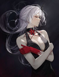 Rule 34 | 1girl, absurdres, acheron (honkai: star rail), alternate costume, bare shoulders, black choker, black dress, body markings, breasts, choker, cleavage, closed eyes, colored extremities, commentary, cowboy shot, crossed arms, dress, earrings, flower, hair ornament, hidulume, highres, honkai: star rail, honkai (series), jewelry, large breasts, long hair, official alternate color, parted lips, profile, red flower, red hands, solo, white hair
