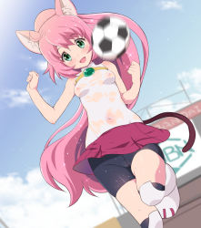 Rule 34 | 1girl, ahoge, animal ear fluff, animal ears, arms up, ball, bike shorts, black shorts, bodypaint, boots, breasts, cat ears, cat girl, cat tail, chisato (missing park), cloud, commentary request, covered erect nipples, covered navel, green eyes, gundam, gundam build divers, leg up, long hair, miniskirt, momo (gundam build divers), motion blur, navel, nipples, no bra, open mouth, outdoors, painted clothes, pink hair, ponytail, red skirt, see-through, shirt, shorts, shorts under skirt, skirt, sky, sleeveless, sleeveless shirt, small breasts, smile, soccer ball, solo, standing, standing on one leg, sweat, tail, thigh boots, thighhighs, thighs, very long hair, wet, wet clothes, wet shirt, white footwear, white shirt, white thighhighs, wind, wind lift, yashiro momoka