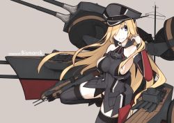 Rule 34 | 10s, 1girl, armor, bad id, bad pixiv id, bare shoulders, bismarck (kancolle), blonde hair, blue eyes, breastplate, breasts, cannon, character name, cowboy shot, detached sleeves, female focus, gloves, grin, hair over one eye, hat, highres, jewelry, kantai collection, large breasts, long hair, looking at viewer, mecha musume, mikoto (oi plus), military, military hat, military uniform, open mouth, peaked cap, purple background, ring, sideboob, simple background, smile, solo, thighhighs, turret, uniform, upper body