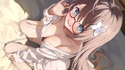 Rule 34 | 1girl, absurdres, alternate hair length, alternate hairstyle, aogiri koukou, aqua eyes, bed, blush, bottomless, breasts, brown hair, cleavage, collarbone, commentary request, from above, glasses, hair ornament, hand up, highres, jacket, kkix25, kurikoma komaru, long hair, long sleeves, looking at viewer, medium breasts, naked jacket, off shoulder, round eyewear, sitting, solo, virtual youtuber, wariza, wavy mouth, white jacket