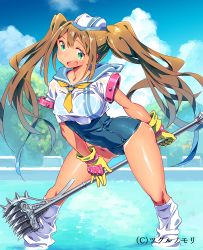Rule 34 | 1girl, blue sailor collar, blush, breasts, brown hair, cloud, copyright notice, crop top, day, gloves, green eyes, harem gain, hat, large breasts, long hair, loose socks, one-piece swimsuit, one-piece tan, open mouth, original, polearm, sailor collar, school swimsuit, sky, smile, socks, solo, swimsuit, tan, tanline, twintails, wading, water, weapon, zasha