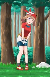 Rule 34 | 1girl, artist request, bandana, between legs, bike shorts, black socks, blue eyes, blush, breasts, brown hair, bush, collarbone, creatures (company), embarrassed, female focus, forest, full body, game freak, gloves, grass, hand between legs, hat, have to pee, highres, may (pokemon), medium breasts, nature, nintendo, one eye closed, open mouth, outdoors, own hands together, pigeon-toed, poke ball theme, pokemon, pokemon rse, red footwear, red hat, red shirt, rock, shirt, shoes, short sleeves, socks, solo, standing, sweat, tears, tree, trembling, v arms, white gloves