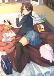 Rule 34 | 1girl, :o, bag, bed, black hair, black thighhighs, blazer, blush, book, bottle, braid, brown eyes, cd, cellphone, chips (food), coca-cola, cola, controller, dualshock, feet, food, futon, game controller, gamepad, heater, jacket, lens flare, looking at viewer, looking back, lying, md5 mismatch, no shoes, on side, open book, open mouth, original, over-kneehighs, phone, pillow, plaid, plaid skirt, playing games, playstation controller, school bag, school uniform, short hair, skirt, soda, soles, solo, stuffed animal, stuffed toy, thighhighs, thighs, toes, tongue, unasaka ryou, zettai ryouiki