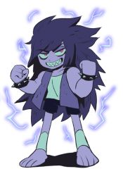 Rule 34 | 1boy, barefoot, bracelet, clenched hands, dark persona, electricity, hackto, jewelry, k.o. (ok k.o.!), long hair, looking at viewer, male focus, ok k.o.! let&#039;s be heroes, pink eyes, sharp teeth, shorts, simple background, sleeveless, solo, spiked bracelet, spikes, t.k.o., teeth, vest, white background