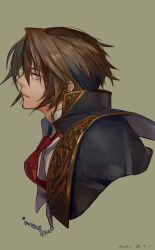 Rule 34 | 1boy, artist name, black jacket, blue eyes, brown background, brown hair, collared shirt, dated, final fantasy, final fantasy viii, gold trim, hair between eyes, highres, jacket, looking at viewer, looking to the side, male focus, military, military uniform, necktie, nini tw99, official alternate costume, red necktie, seed uniform (ff8), shirt, short hair, solo, squall leonhart, square enix, uniform, upper body, white shirt