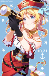 Rule 34 | 1girl, ayase eli, bad id, bad pixiv id, belt, birthday, blonde hair, blue eyes, blue ribbon, breasts, corset, dated, gloves, happy birthday, hat, hat feather, kitahara tomoe (kitahara koubou), love live!, love live! school idol festival, love live! school idol project, medium breasts, pirate, pirate hat, ponytail, ribbon, solo, telescope, twitter username